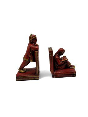 Vintage Chalkware Asian Child Reading Bookends Red Gold Book Form 1960s Pair